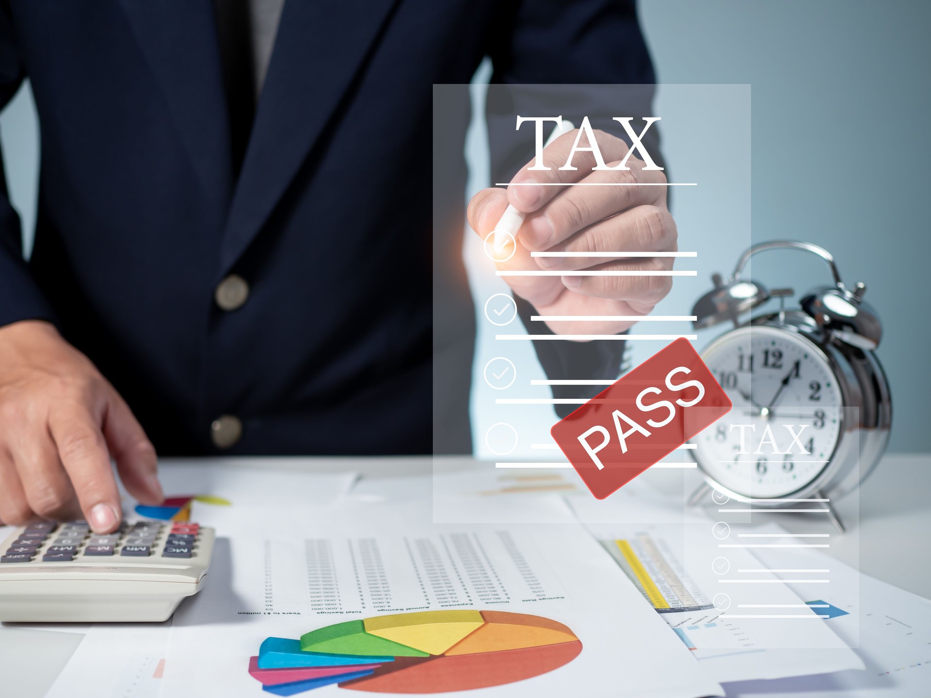 Businessman calculating income To fill out an online personal income tax return form to pay taxes. Financial research. Report. Tax return. Calculation.